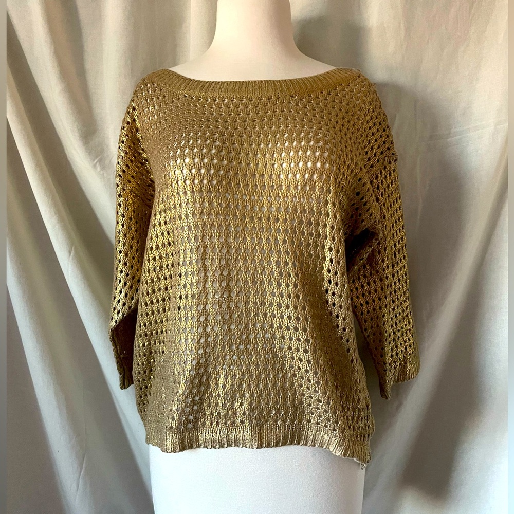Our Time Gold Metallic Coated Open Knit Sweater sz L